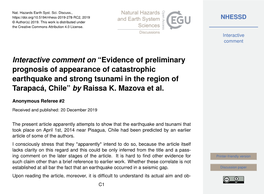 Evidence of Preliminary Prognosis of Appearance of Catastrophic Earthquake and Strong Tsunami in the Region of Tarapacá, Chile” by Raissa K