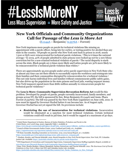 New York Officials and Community Organizations Call for Passage of the Less Is More Act (S.1144A – Benjamin/ A.5576A – Forrest)