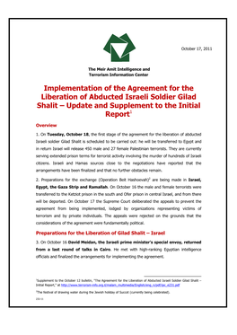 Implementation of the Agreement for the Liberation of Abducted Israeli Soldier Gilad Shalit – Update and Supplement to the Initial Report1