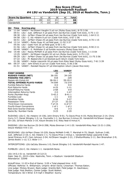 Box Score (Final) 2019 Vanderbilt Football #4 LSU Vs Vanderbilt (Sep 21, 2019 at Nashville, Tenn.)