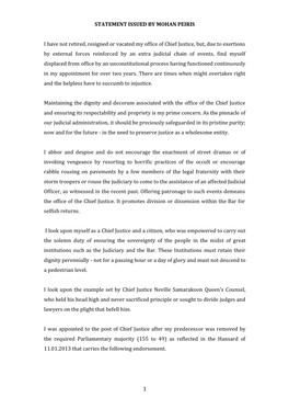 STATEMENT ISSUED by MOHAN PEIRIS I Have Not Retired, Resigned