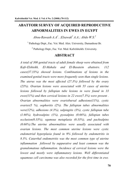 Abattoir Survey of Acquired Reproductive Abnormalities in Ewes in Egypt