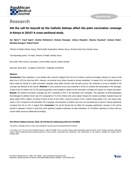 Did the Call for Boycott by the Catholic Bishops Affect the Polio Vaccination Coverage in Kenya in 2015? a Cross-Sectional Study