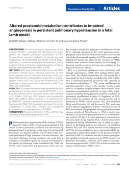 Altered Prostanoid Metabolism Contributes to Impaired Angiogenesis in Persistent Pulmonary Hypertension in a Fetal Lamb Model