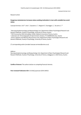 Exogenous Testosterone Increases Status-Seeking Motivation in Men with Unstable Low Social Status