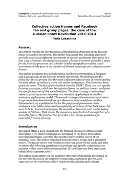 Collective Action Frames and Facebook Fan and Group Pages: the Case of the Russian Snow Revolution 2011-2013 Yulia Lukashina