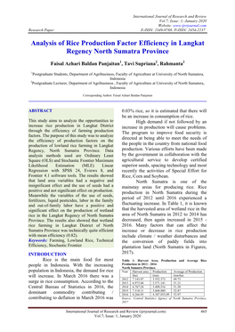 Analysis of Rice Production Factor Efficiency in Langkat Regency North Sumatra Province