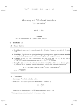 Geometry and Calculus of Variations Lecture Notes ∗