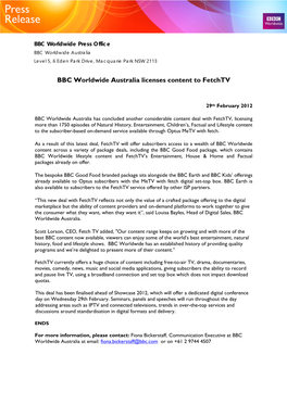 BBC Worldwide Australia Licenses Content to Fetchtv