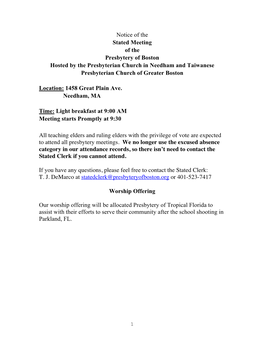 Notice of the Stated Meeting of the Presbytery of Boston Hosted by the Presbyterian Church in Needham and Taiwanese Presbyterian Church of Greater Boston