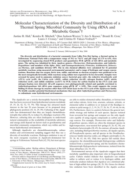 Molecular Characterization of the Diversity and Distribution of a Thermal Spring Microbial Community by Using Rrna and Metabolic Genesᰔ† Justine R