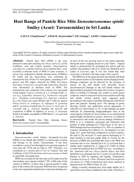 Host Range of Panicle Rice Mite Steneotarsonemus Spinki Smiley (Acari: Tarsonemidae) in Sri Lanka