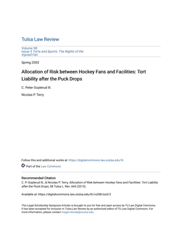 Allocation of Risk Between Hockey Fans and Facilities: Tort Liability After the Puck Drops