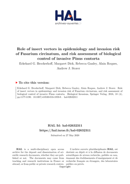 Role of Insect Vectors in Epidemiology and Invasion Risk of Fusarium Circinatum, and Risk Assessment of Biological Control of Invasive Pinus Contorta Eckehard G