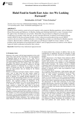 Halal Food in South East Asia: Are We Looking Forward? Sholahuddin Al-Fatih1,* Fitria Esfandiari1