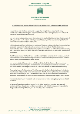 Statement to the British Tamil Forum on the Demolition of the Mullivaikkal Memorial