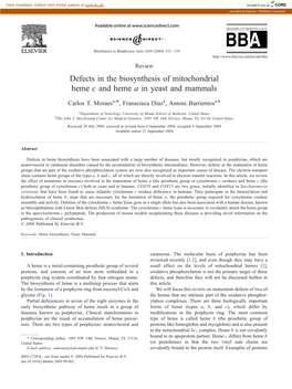 Defects in the Biosynthesis of Mitochondrial Heme C and Heme a in Yeast and Mammals