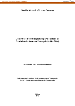 Contributo Biobibliográfico Para O Estudo Do Caminho-De-Ferro Em Portugal (1856 – 2006)