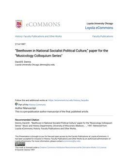 Beethoven in National Socialist Political Culture,” Paper for the “Musicology Colloquium Series"