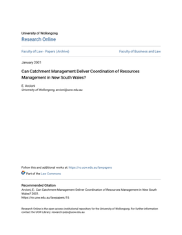 Can Catchment Management Deliver Coordination of Resources Management in New South Wales?