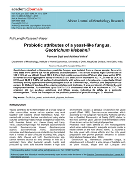 Probiotic Attributes of a Yeast-Like Fungus, Geotrichum Klebahnii