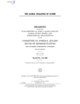 The Global Challenge of Autism Hearing Committee on Foreign Affairs House of Representatives