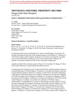 Minnesota Historic Property Record: Fergus Falls State Hospital