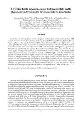 Screening Test in Determination of Colorado Potato Beetle (Leptinotarsa Decemlineata Say.) Sensitivity to Insecticides