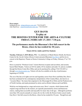 GUY DAVIS to Play at the HOSTOS CENTER for the ARTS & CULTURE FRIDAY, FEBRUARY 27, 2015 / 7:30 P.M