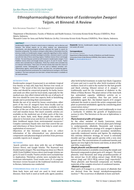 Ethnopharmacological Relevance of Eusideroxylon Zwageri Teijsm