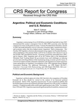 Argentina: Political Conditions and U.S. Relations