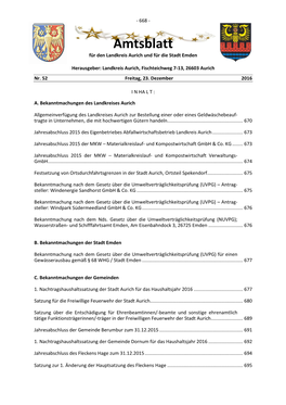 Amtsblatt Für Den Landkreis Aurich Und Für Die Stadt Emden