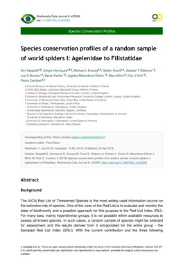 Species Conservation Profiles of a Random Sample of World Spiders I: Agelenidae to Filistatidae