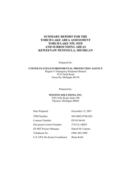 Summary Report for the Torch Lake Area Assessment Torch Lake Npl Site and Surrounding Areas Keweenaw Peninsula, Michigan