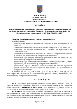 R O M Â N I a JUDEŢUL BUZĂU COMUNA PUIEȘTI CONSILIUL LOCAL AL COMUNEI PUIEŞTI HOTĂRÂRE Pentru Aprobarea Participării