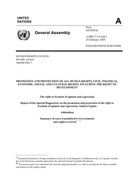 General Assembly A/HRC/7/14/Add.1 25 February 2008