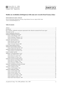 Zootaxa, Studies on Acridoidea