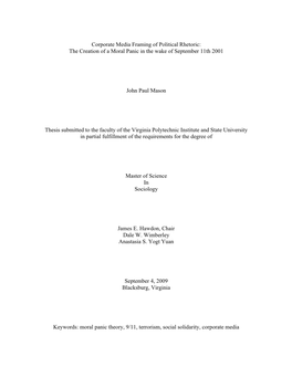 Thesis Submitted to the Faculty of the Virginia Polytechnic Institute and State University in Partial Fulfillment of the Requirements for the Degree Of