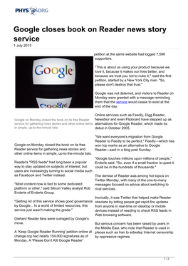 Google Closes Book on Reader News Story Service 1 July 2013