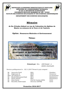 Mémoire De Fin D’Études Élaboré En Vue De L’Obtention Du Diplôme De Master En Sciences De La Terre Et De L’Univers