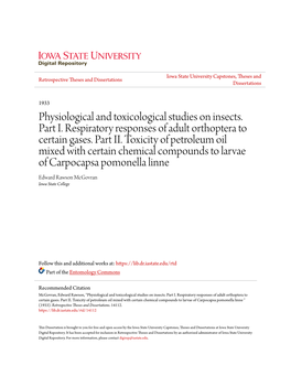 Physiological and Toxicological Studies on Insects. Part I. Respiratory Responses of Adult Orthoptera to Certain Gases. Part II