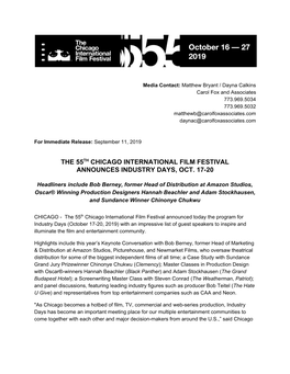 The 55​Th​ Chicago International Film Festival Announces Industry Days, Oct. 17-20