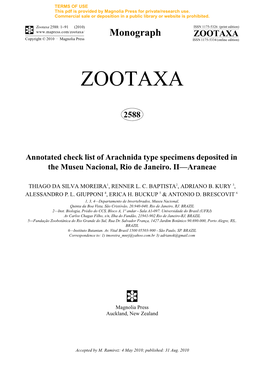 Zootaxa, Annotated Check List of Arachnida