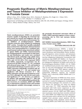 Prognostic Significance of Matrix Metalloproteinase 2 and Tissue Inhibitor of Metalloproteinase 2 Expression in Prostate Cancer Jeffrey S