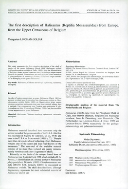 The First Description of Halisaurus (Reptilia Mosasauridae) from Europe, from the Upper Cretaceous of Belgium