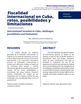 Fiscalidad Internacional En Cuba, Retos, Posibilidades Y Limitaciones