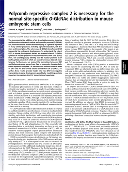 Polycomb Repressive Complex 2 Is Necessary for the Normal Site-Speciﬁc O-Glcnac Distribution in Mouse Embryonic Stem Cells