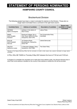 Statement of Persons Nominated Hampshire County Council