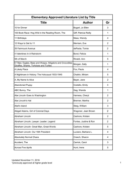 Title Author Gr Elementary Approved Literature List by Title