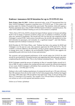 Embraer Announces KLM Intention for up to 35 E195-E2 Jets